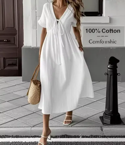 Women Fashion Casual Summer Solid Color V-Neck Short-Sleeve Loose A-Line Dress