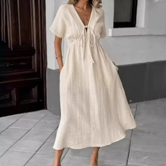 Women Fashion Casual Summer Solid Color V-Neck Short-Sleeve Loose A-Line Dress