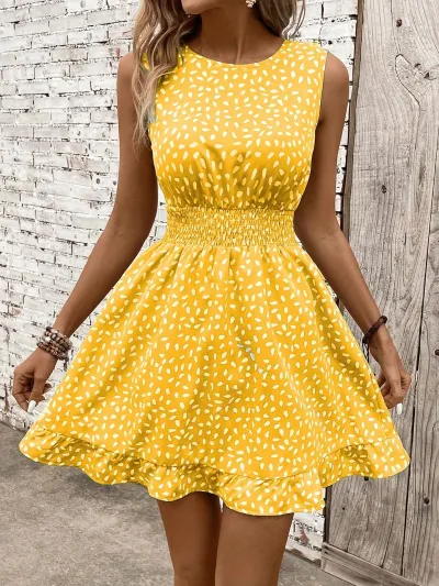 Women Fashion Casual Summer Printed Round Neck Sleepless A-Line Dress