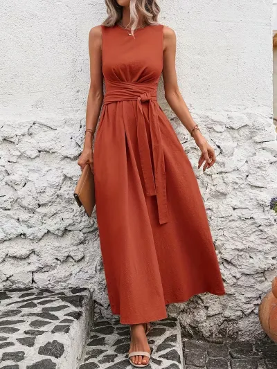 Women Fashion Casual Solid Color Strap Sleeveless A-Line Dress