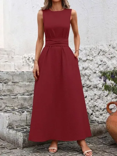 Women Fashion Casual Solid Color Strap Sleeveless A-Line Dress