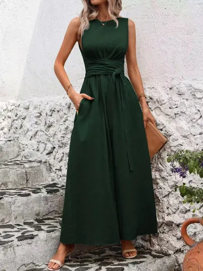Women Fashion Casual Solid Color Strap Sleeveless A-Line Dress