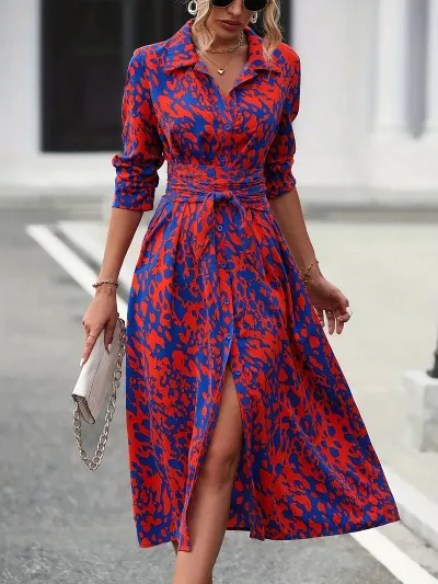 Women Fashion Casual Printed Button Lapel Long-Sleeve A- Line Dress
