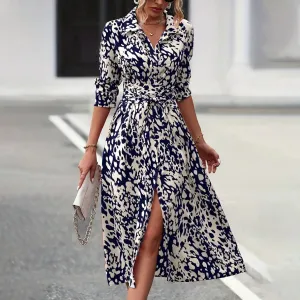 Women Fashion Casual Printed Button Lapel Long-Sleeve A- Line Dress
