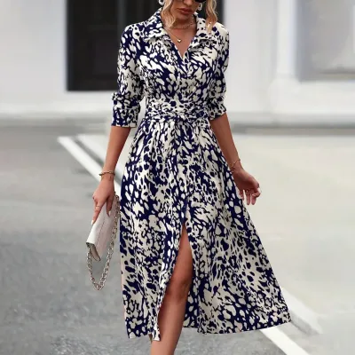 Women Fashion Casual Printed Button Lapel Long-Sleeve A- Line Dress
