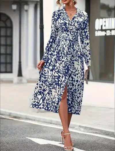 Women Fashion Casual Printed Button Lapel Long-Sleeve A- Line Dress