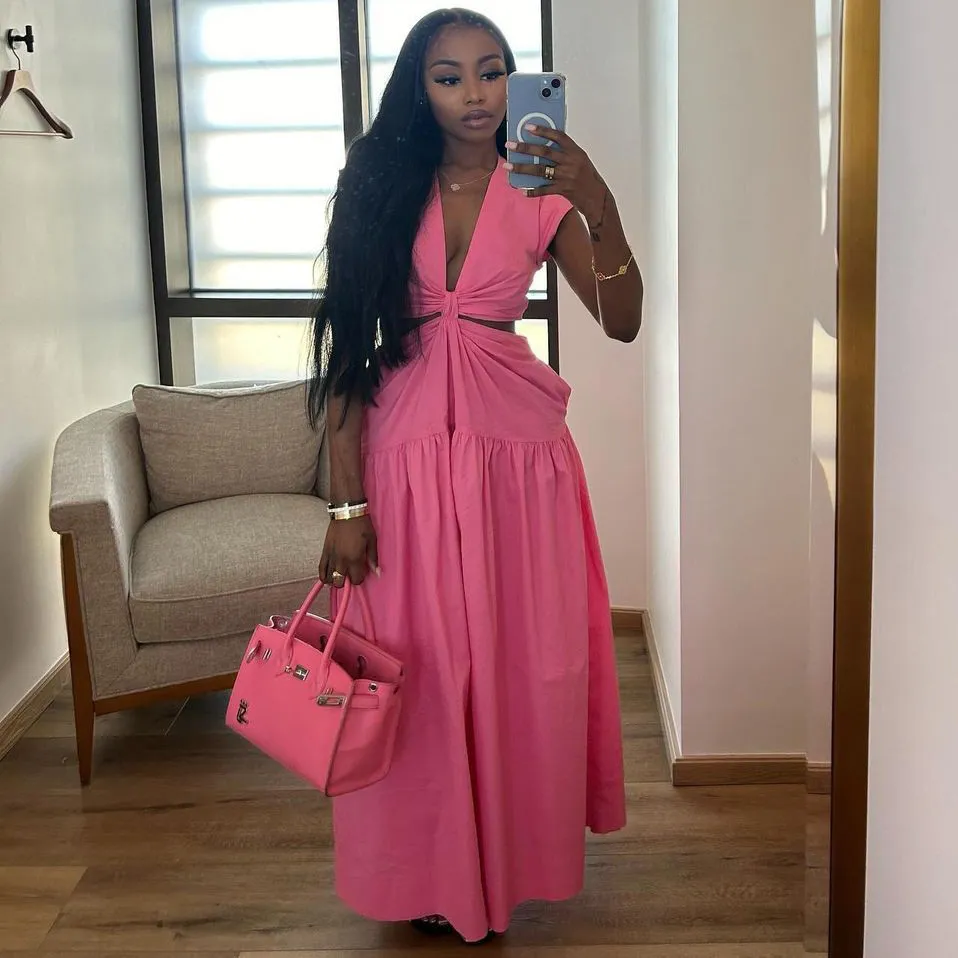 Women Fashion Casual Solid Color Pleated A-Line African Dress