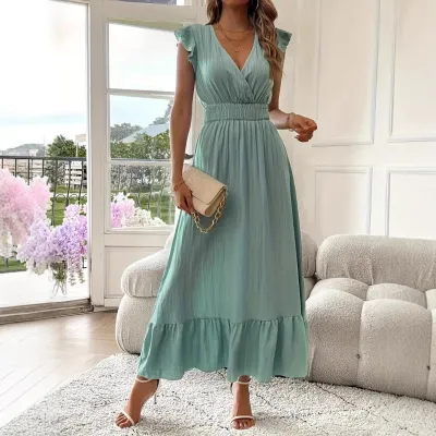Women Fashion Casual Summer Solid Color V-Neck Short Sleeve A-Line Dress