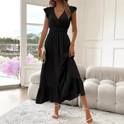 Women Fashion Casual Summer Solid Color V-Neck Short Sleeve A-Line Dress