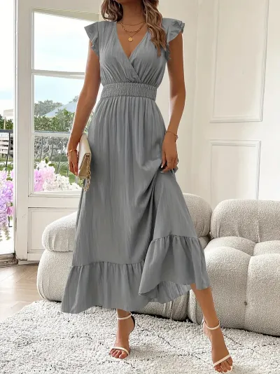 Women Fashion Casual Summer Solid Color V-Neck Short Sleeve A-Line Dress