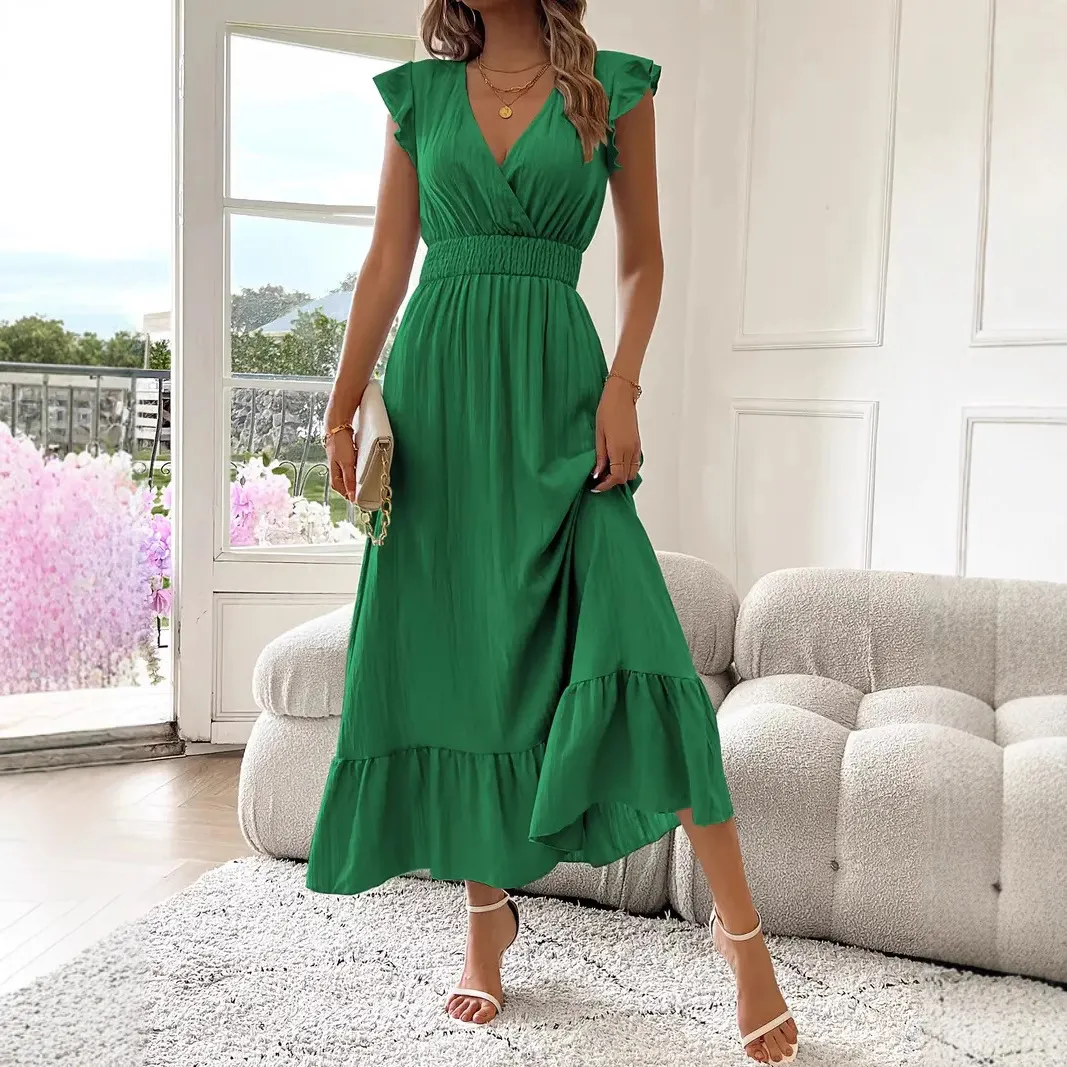 Women Fashion Casual Summer Solid Color V-Neck Short Sleeve A-Line Dress