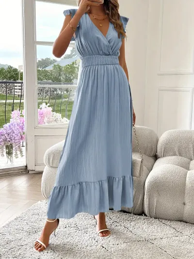 Women Fashion Casual Summer Solid Color V-Neck Short Sleeve A-Line Dress