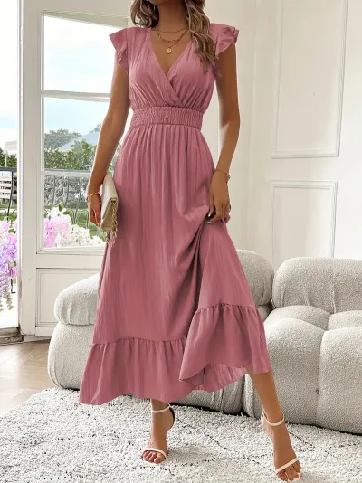Women Fashion Casual Summer Solid Color V-Neck Short Sleeve A-Line Dress