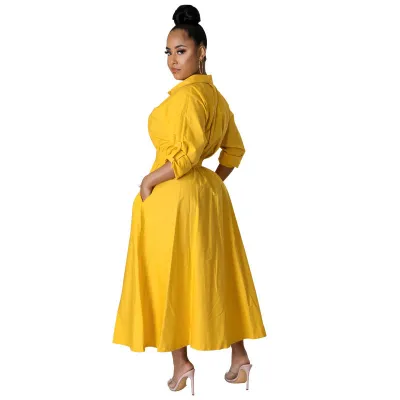 Autumn Women Casual Solid Color Laps Long Sleeve Single-Breasted A- Line Maxi Dress