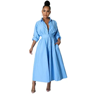 Autumn Women Casual Solid Color Laps Long Sleeve Single-Breasted A- Line Maxi Dress