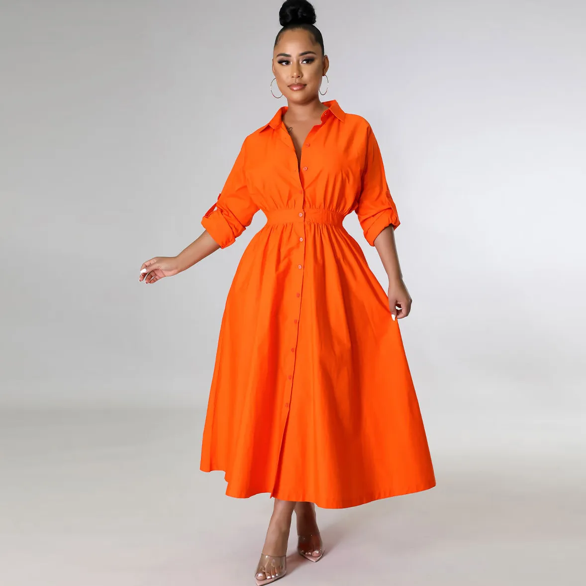 Autumn Women Casual Solid Color Laps Long Sleeve Single-Breasted A- Line Maxi Dress