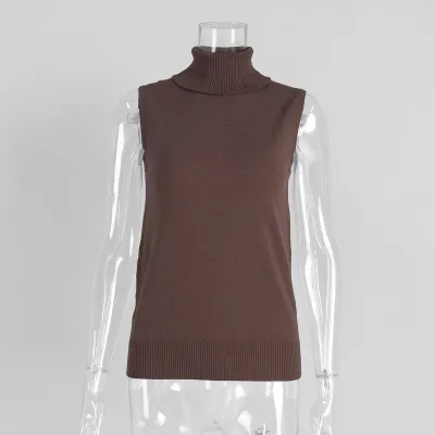 Women Fashion Solid Color Sleeveless High Neck Knit Tanks