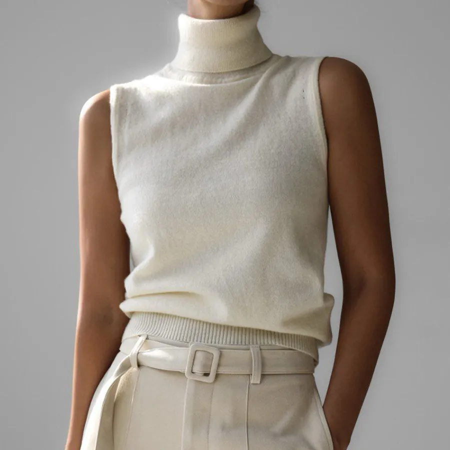 Women Fashion Solid Color Sleeveless High Neck Knit Tanks