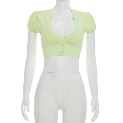 Women Fashion Solid Color V-Neck Button Top
