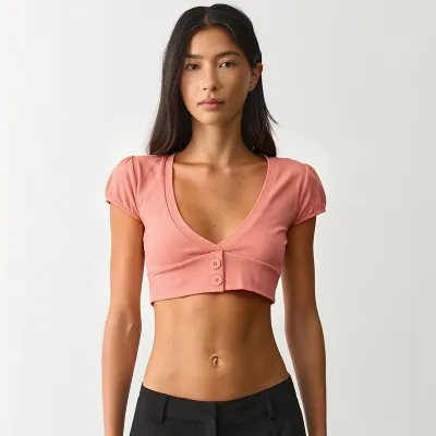 Women Fashion Solid Color V-Neck Button Top