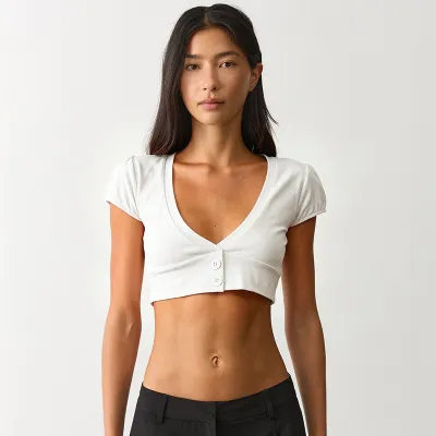 Women Fashion Solid Color V-Neck Button Top