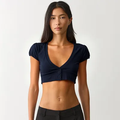 Women Fashion Solid Color V-Neck Button Top