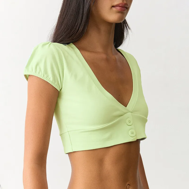 Women Fashion Solid Color V-Neck Button Top