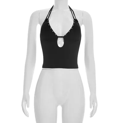 Women Sexy Neck Rivet Backless Crop Top