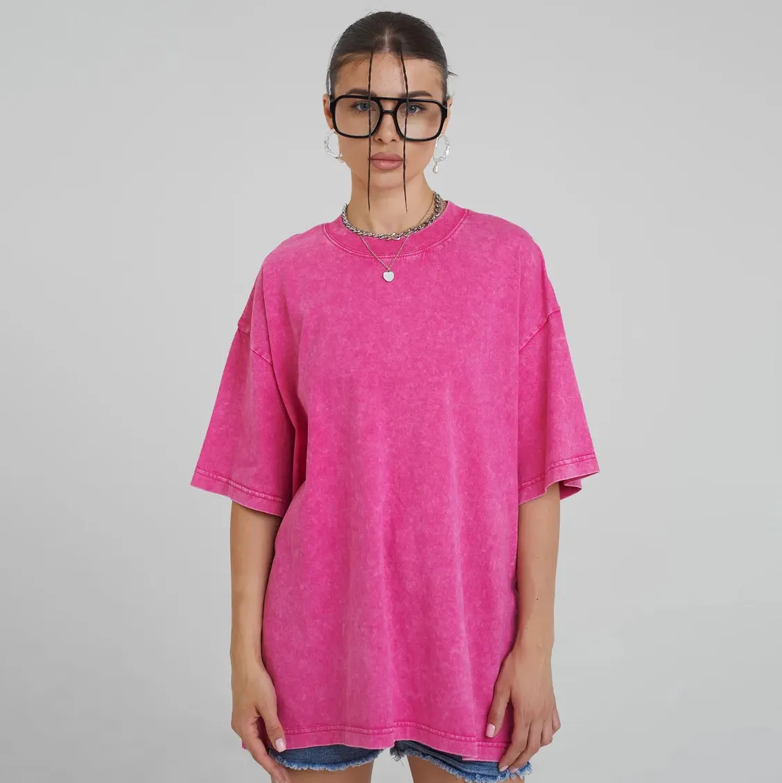 Women Fashion Casual Summer Old Washing Solid Color Cotton Short-Sleeve T-Shirt