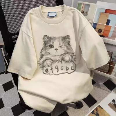 Women Fashion Casual Summer Cotton Cat Printed Round Neck Short-Sleeve Loose T-Shirt