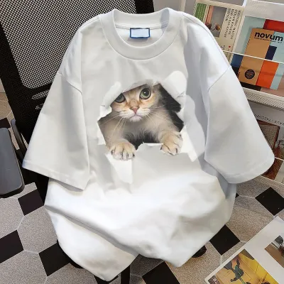 Women Fashion Casual Summer Cotton Cat Printed Round Neck Short-Sleeve Loose T-Shirt