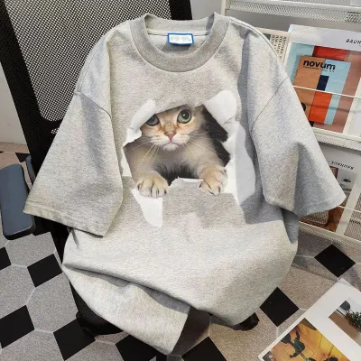 Women Fashion Casual Summer Cotton Cat Printed Round Neck Short-Sleeve Loose T-Shirt