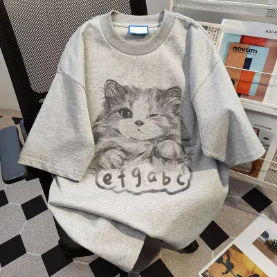 Women Fashion Casual Summer Cotton Cat Printed Round Neck Short-Sleeve Loose T-Shirt