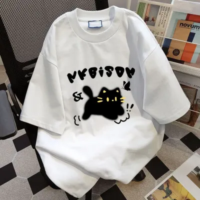 Women Fashion Casual Summer Cotton Cat Printed Round Neck Short-Sleeve Loose T-Shirt