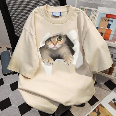 Women Fashion Casual Summer Cotton Cat Printed Round Neck Short-Sleeve Loose T-Shirt