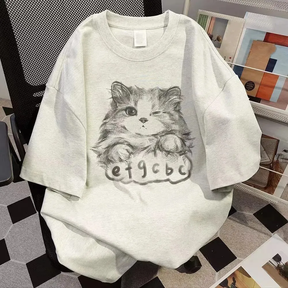 Women Fashion Casual Summer Cotton Cat Printed Round Neck Short-Sleeve Loose T-Shirt