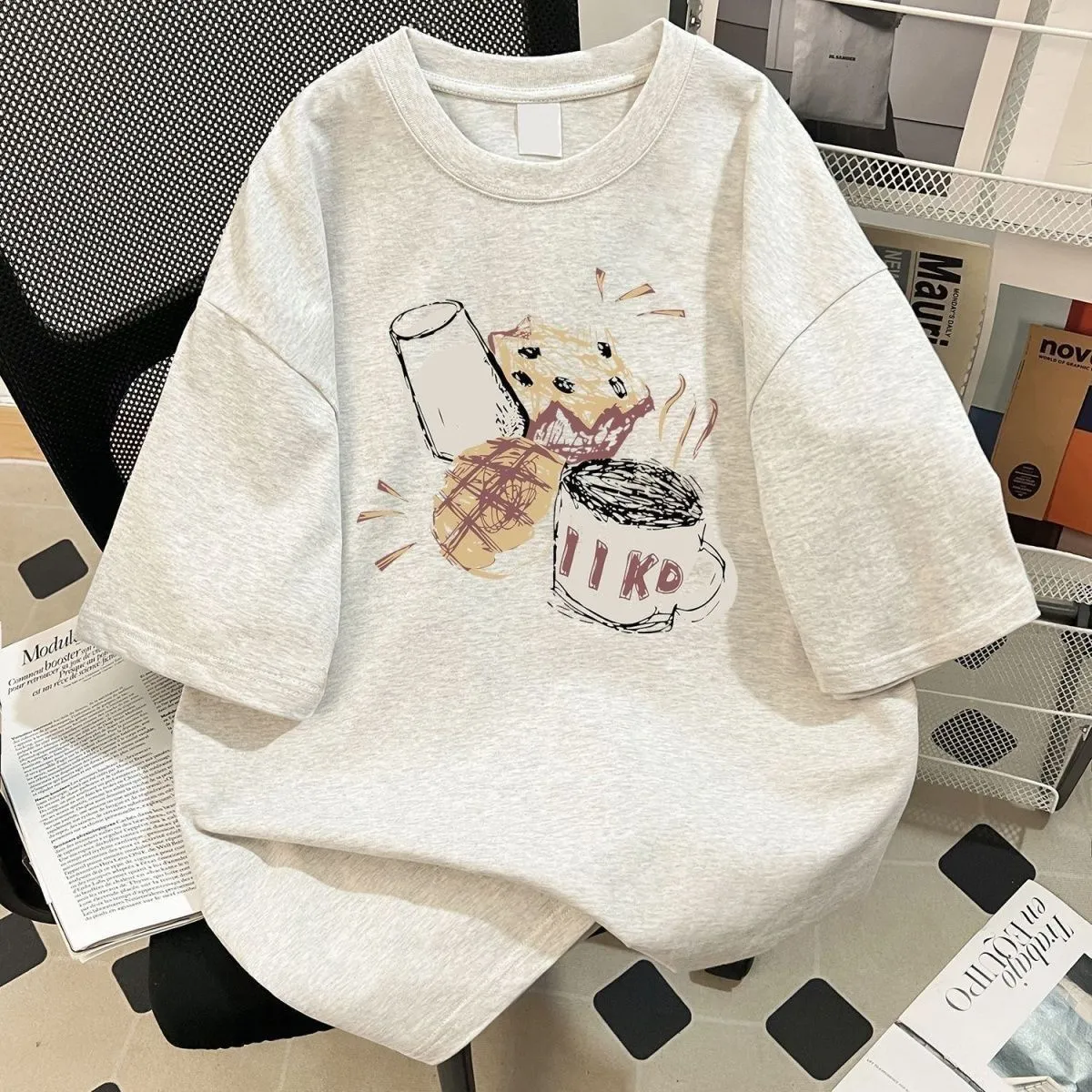 Women Fashion Casual Summer Cotton Printed Round Neck Short-Sleeve Loose T-Shirt