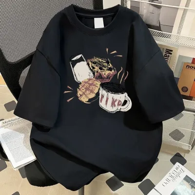 Women Fashion Casual Summer Cotton Printed Round Neck Short-Sleeve Loose T-Shirt