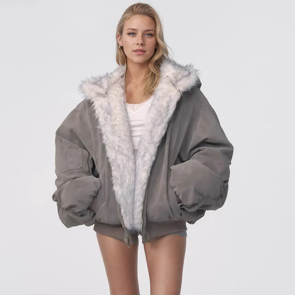 Winter Women Fashion Warm Double-Sided Environmental Protection Plush Hooded Faux Fur Coat
