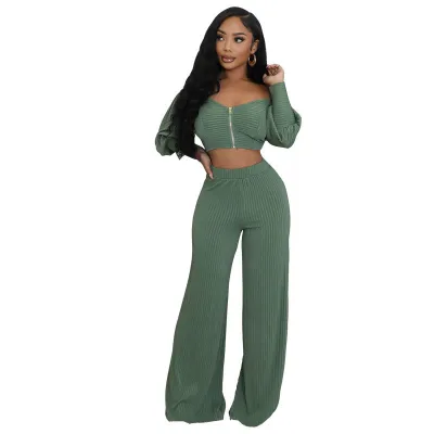 Women Fashion Casual Autumn Solid Color Long Sleeve Crop Top Loose Pants Two-Piece Set
