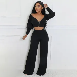 Women Fashion Casual Autumn Solid Color Long Sleeve Crop Top Loose Pants Two-Piece Set