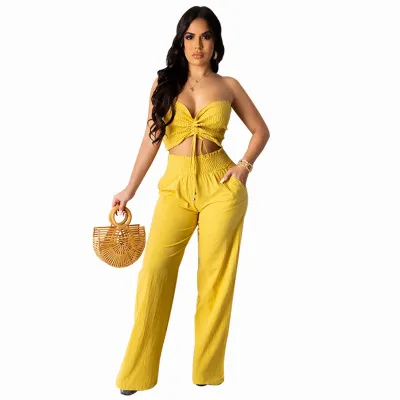 Women Fashion Sexy Summer Solid Color Halter-Neck Crop Top Loose Pants Two-Piece Set