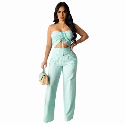 Women Fashion Sexy Summer Solid Color Halter-Neck Crop Top Loose Pants Two-Piece Set