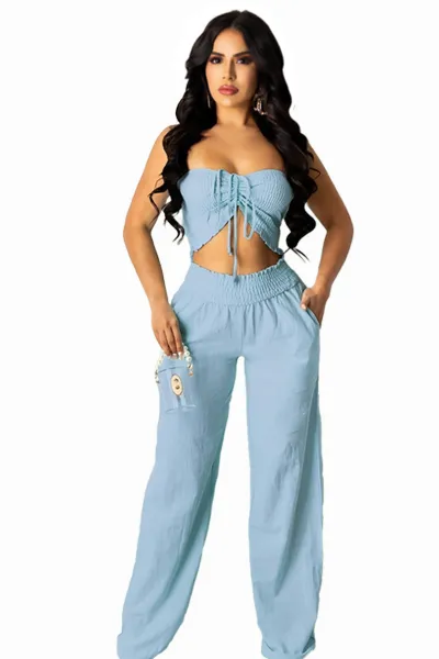 Women Fashion Sexy Summer Solid Color Halter-Neck Crop Top Loose Pants Two-Piece Set