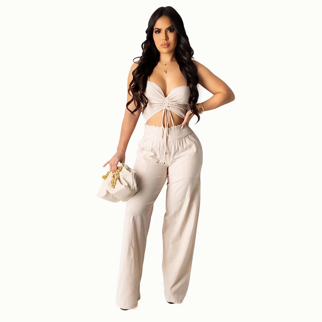 Women Fashion Sexy Summer Solid Color Halter-Neck Crop Top Loose Pants Two-Piece Set