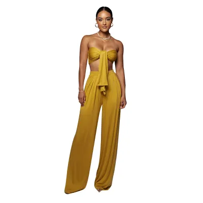 Women Fashion Sexy Solid Color Lace-Up Crop Top Mid-Waist Wide-Leg Pants Two-Piece Set