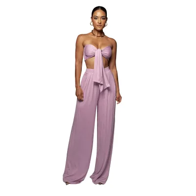 Women Fashion Sexy Solid Color Lace-Up Crop Top Mid-Waist Wide-Leg Pants Two-Piece Set