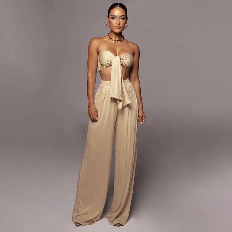Women Fashion Sexy Solid Color Lace-Up Crop Top Mid-Waist Wide-Leg Pants Two-Piece Set