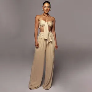Women Fashion Sexy Solid Color Lace-Up Crop Top Mid-Waist Wide-Leg Pants Two-Piece Set