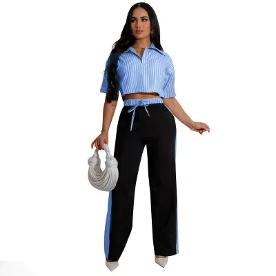 Women Fashion Casual Stripe Laple Short-Sleeve Crop Top Loose Straight Pants Two-Piece Set